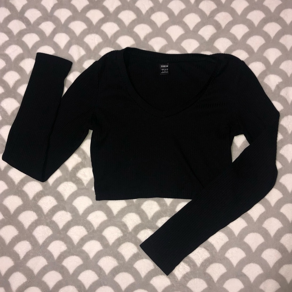 SHEIN black long sleeve v-neck crop top